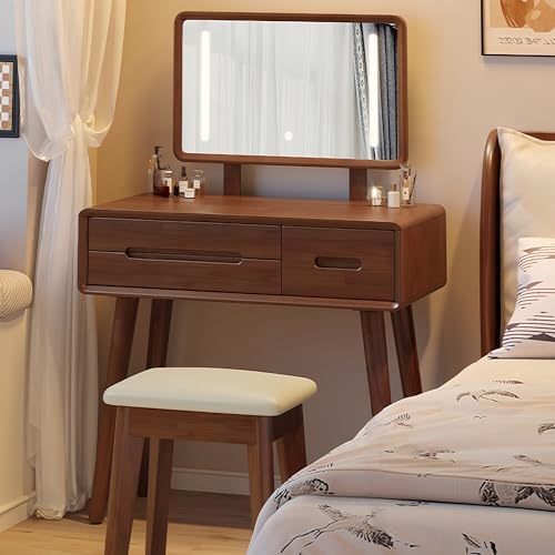 Esspoxi Frisiertisch Mit Verstellbarem Beleuchtetem Spiegel Und Schubladen, Schminktisch Mit Weichem Stuhl, Geräumige Oberfläche, In 2 Größen Erhältlich, Mehrere Farboptionen(Brown,39.4in) von Esspoxi