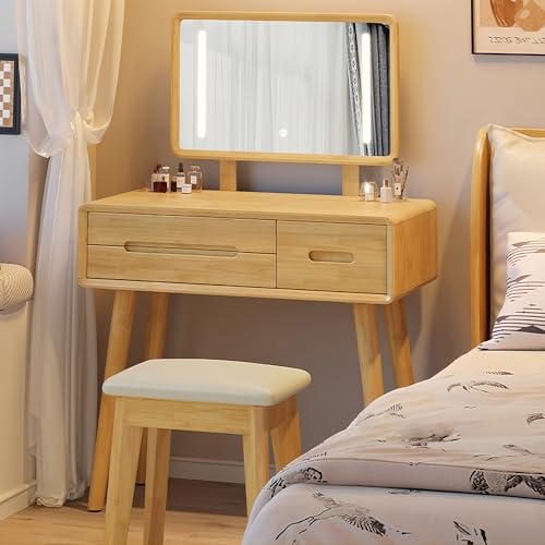 Esspoxi Frisiertisch Mit Verstellbarem Beleuchtetem Spiegel Und Schubladen, Schminktisch Mit Weichem Stuhl, Geräumige Oberfläche, In 2 Größen Erhältlich, Mehrere Farboptionen(Natural,31.5in) von Esspoxi