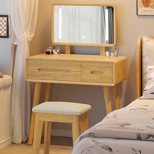 Esspoxi Frisiertisch Mit Verstellbarem Beleuchtetem Spiegel Und Schubladen, Schminktisch Mit Weichem Stuhl, Geräumige Oberfläche, In 2 Größen Erhältlich, Mehrere Farboptionen(Natural,39.4in) von Esspoxi