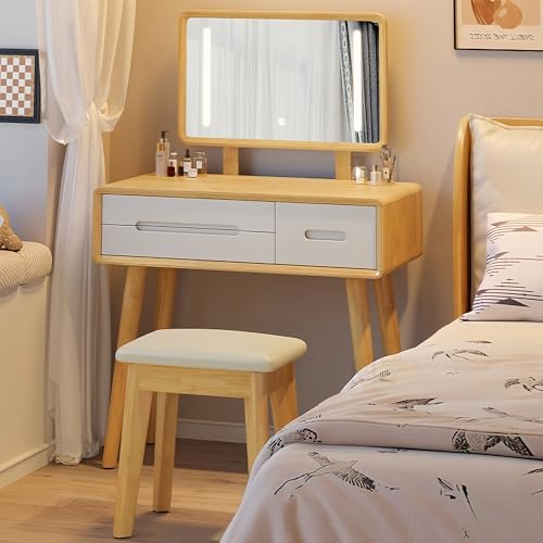 Esspoxi Frisiertisch Mit Verstellbarem Beleuchtetem Spiegel Und Schubladen, Schminktisch Mit Weichem Stuhl, Geräumige Oberfläche, In 2 Größen Erhältlich, Mehrere Farboptionen(Natural-2,31.5in) von Esspoxi
