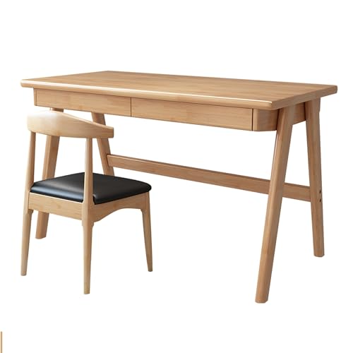 Esspoxi Großer Massiver Holzschreibtisch Mit Stuhl, L -förmiger Gaming -PC -Tisch, Doppelte Schubladen, Mehrere Farboptionen, Ideal Für Büro Und Schlafzimmer(Wood,Horn Chair_55.1IN) von Esspoxi