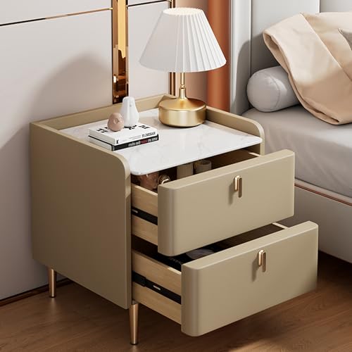Esspoxi Nachttisch kommode für das Schlafzimmer mit weichem Napa-Kunstleder, Doppelschublade, Nachttisch mit Gehäusedesign und Felsplatte, Beistelltische mit abgerundeten Ecken(Khaki,19.7in) von Esspoxi