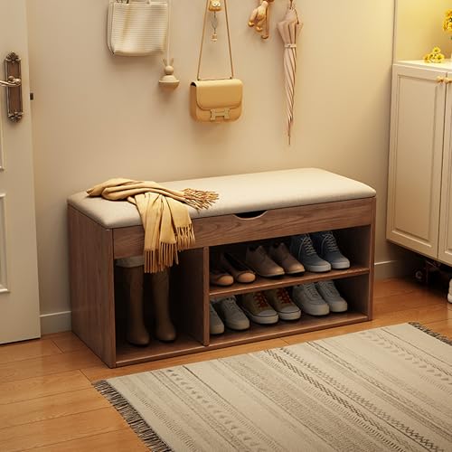 Esspoxi Offener Schuhschrank, Ottomane Für Eingangsbereich Mit Stauraum Für Vordertür, Bank Aus Gummibaumholz Mit Schubladen, Vollwertiger, Bodenstehender Regal-Organizer Mit Weichem Kissen(Walnut,23. Esspoxi Offener Schuhschrank, Ottomane Für Eingangsbereich Mit Stauraum Für Vordertür, Bank Aus Gummibaumholz Mit Schubladen, Vollwertiger, Bodenstehender Regal-Organizer Mit Weichem Kissen(Walnut,23. von Esspoxi