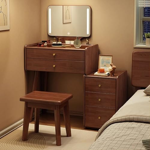 Esspoxi Schminktisch Mit LED-beleuchtetem Spiegel, Zwei Schubladen, Schminkstuhl Und Glasplatte, Kommode In Mehreren Farboptionen, Seitenschrank Links Und Rechts Austauschbar(Walnut,MOD.B_23.6IN) von Esspoxi