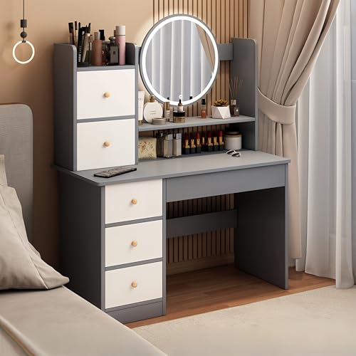Esspoxi Schminktisch Mit Verstellbarer Beleuchtung, Smart Mirror, Kommode Mit Viel Stauraum, Stuhl, Geräumiger Oberfläche Und 3-seitig Erhöhten Paneelen, Für Kleine Räume(Gray,W/o CHR) von Esspoxi