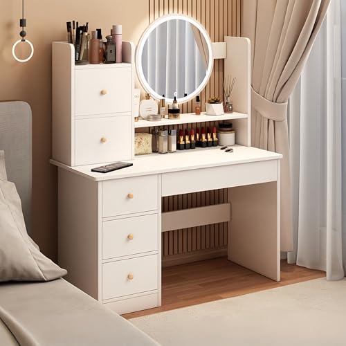 Esspoxi Schminktisch Mit Verstellbarer Beleuchtung, Smart Mirror, Kommode Mit Viel Stauraum, Stuhl, Geräumiger Oberfläche Und 3-seitig Erhöhten Paneelen, Für Kleine Räume(Walnut,W/o CHR) von Esspoxi
