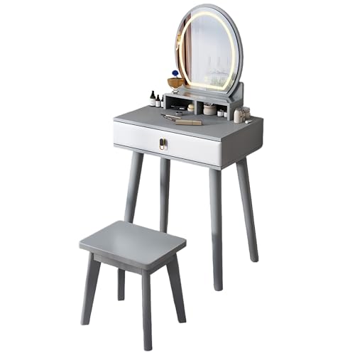 Esspoxi Schminktisch-Set Mit Verstellbarem Spiegel Mit LED-Beleuchtung, Kommode Mit Schublade, Schminkhocker Und Beinen Aus Gummibaumholz, In Mehreren Farben Erhältlich(Gray) von Esspoxi