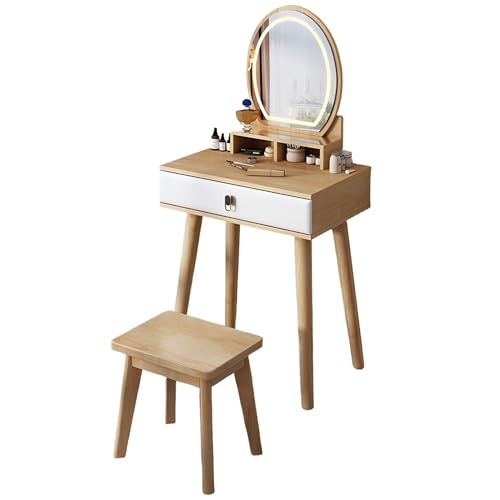 Esspoxi Schminktisch-Set Mit Verstellbarem Spiegel Mit LED-Beleuchtung, Kommode Mit Schublade, Schminkhocker Und Beinen Aus Gummibaumholz, In Mehreren Farben Erhältlich(Natural) von Esspoxi