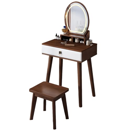 Esspoxi Schminktisch-Set Mit Verstellbarem Spiegel Mit LED-Beleuchtung, Kommode Mit Schublade, Schminkhocker Und Beinen Aus Gummibaumholz, In Mehreren Farben Erhältlich(Walnut) von Esspoxi