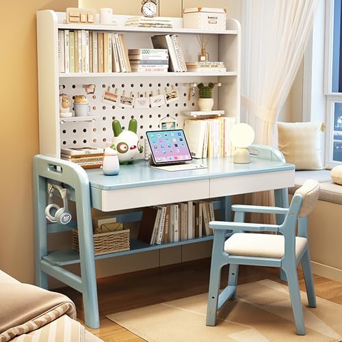 Esspoxi Schreibtisch Aus Massivholz Mit Bücherregal, L-förmiger Computertisch Mit Schublade, Abgerundeten Kanten Und Haken, Für Schlafzimmer, Büro, Gaming, Mehrere Farben(Blue,NO Chair_47.2IN) von Esspoxi