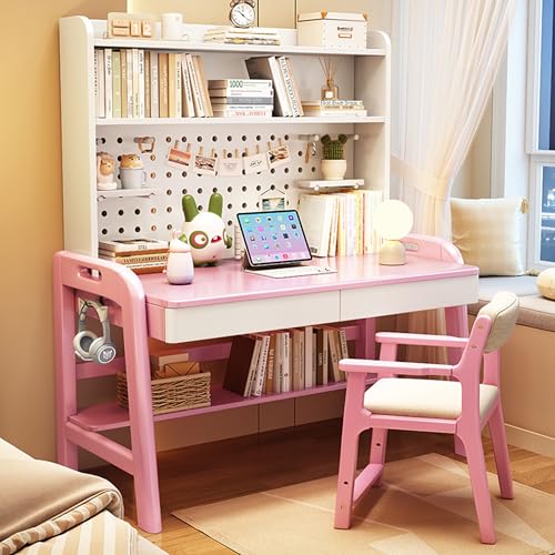 Esspoxi Schreibtisch Aus Massivholz Mit Bücherregal, L-förmiger Computertisch Mit Schublade, Abgerundeten Kanten Und Haken, Für Schlafzimmer, Büro, Gaming, Mehrere Farben(Pink,Armchair_55.1IN) von Esspoxi