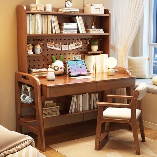 Esspoxi Schreibtisch Aus Massivholz Mit Bücherregal, L-förmiger Computertisch Mit Schublade, Abgerundeten Kanten Und Haken, Für Schlafzimmer, Büro, Gaming, Mehrere Farben(Walnut,NO Chair_55.1IN) von Esspoxi