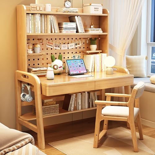 Esspoxi Schreibtisch Aus Massivholz Mit Bücherregal, L-förmiger Computertisch Mit Schublade, Abgerundeten Kanten Und Haken, Für Schlafzimmer, Büro, Gaming, Mehrere Farben(Wood,NO Chair_31.5IN) von Esspoxi