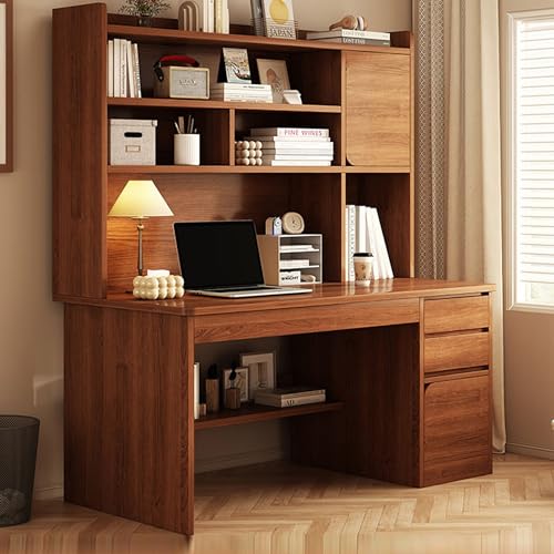 Esspoxi Schreibtisch mit Bücherregal, Aufbewahrungsschrank, Schubladen, L-förmiger Tisch für Gaming, Heimbüro, Schlafzimmer – großer Holz schreibtische mit abgerundeten Kanten (Color : Brown, Size : von Esspoxi