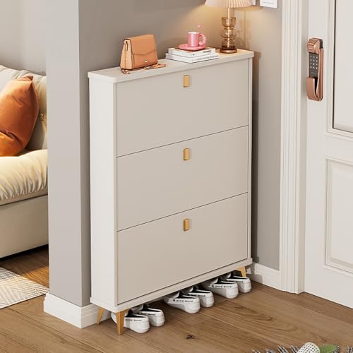 Esspoxi Schuhschrank Mit 3 Schubladen, Aufbewahrungs-Organizer Für Eingangsbereich, Schuhschrankhalter Aus Weißem Holz Mit Klappdeckel, Mueble para Zapatos, Offener Boden(Double,23.6in) von Esspoxi