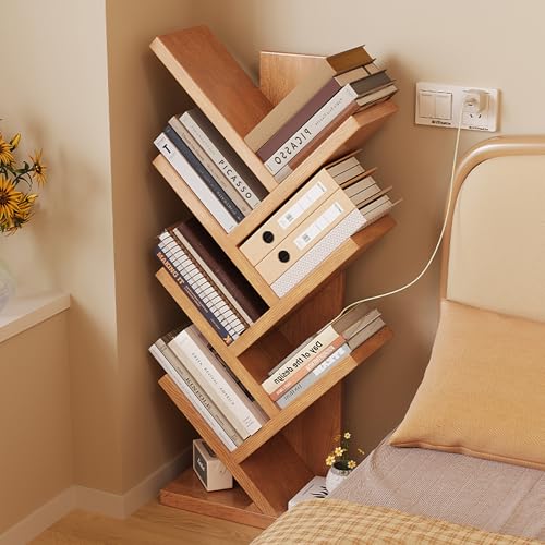 Esspoxi Schwarze Ausstellungsregale Aus Massivem Holz, Baum Bücherregal, Bodenregal, Eckregal Mit Mehreren Farboptionen, Aufbewahrungseinheit Mit Rückwand, Für Kleine Räume(Natural,42.1in) von Esspoxi
