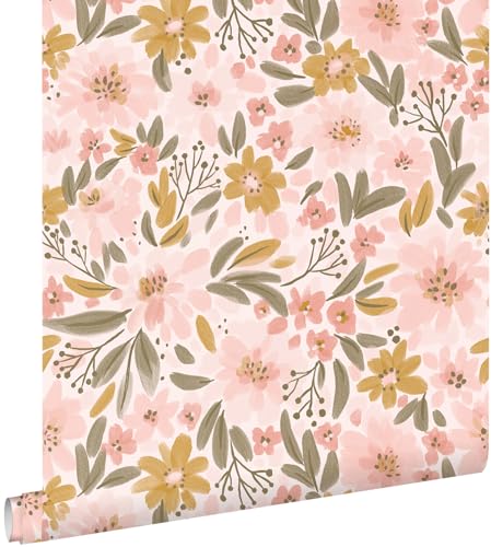 Tapete Blumen Hellrosa, Ockergelb und Graugrün 50 x 900 cm - von ESTAhome Tapete Blumen Hellrosa, Ockergelb und Graugrün 50 x 900 cm - von ESTAhome von Esta Home