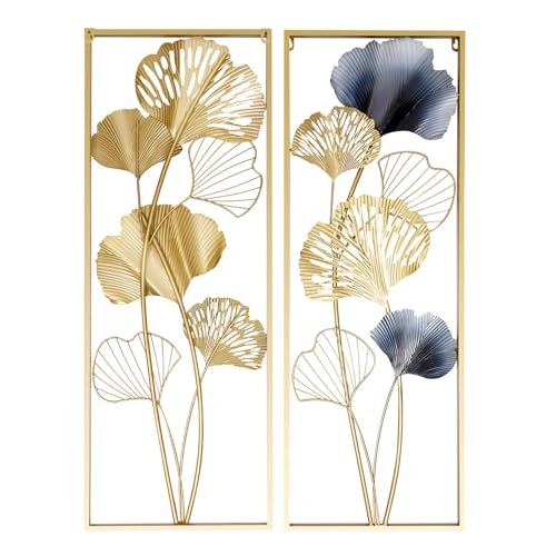 Estabeter Ginkgo-Wanddekoration, 3D Metall Wand Deko Ginkgo Wandskulpture 2er-Set Wanddekoobjekt Golden Ginkgo Biloba Wandbehang für Wohnzimmer, Schlafzimmer 85 x 31 x 5 cm von Estabeter