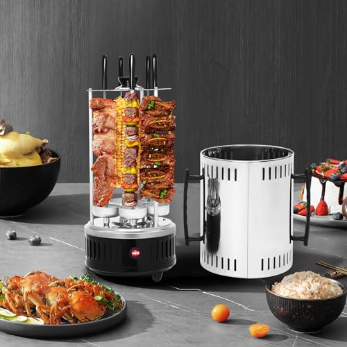 Vertikaler Edelstahl Elektro-Tischgrill inkl. 5 Spieße, BBQ Vertikalgrill Rundgrill für Schaschlik-, Fleisch-, Garnelen-, Gyrosspieße Dreh-Grill Heizmodul mit Schutzgitter, 1000W 20 * 37.5cm von Estabeter