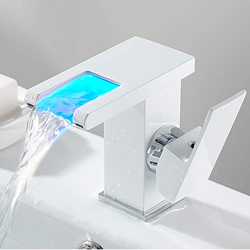 Wasserhahn Bad LED, Beleuchteter Glas Wasserhahn Weiß Badarmatur Wasserhahn Küchen Wasserfall Waschtischarmatur Einhandmischer Wasserhahn für Küchen Badezimmer von Estabeter