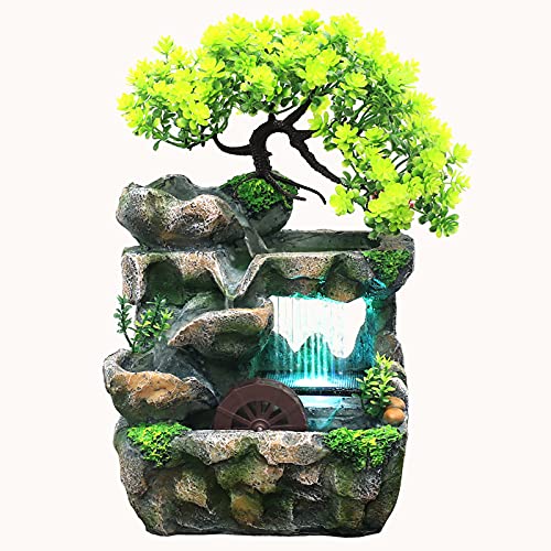 Zimmerbrunnen LED Wasserfall Beleuchtet, Tischbrunnen Deko Beleuchtung Springbrunnen Gartenbrunnen Grüne Pflanze Brunnen für Schlafzimmer, Wohnzimmer, Studie, Büro, Café von Estabeter