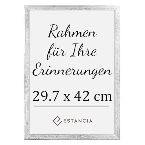 Estancia Silber Bilderrahmen Holz Bilderrahmen 29,7x42 cm (A3) mit Bruchsicherem Plexi-Glas | Moderner Portraitrahmen Holz | Bilderrahmen Din A3 Silber von Estancia