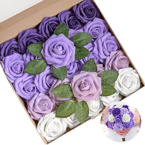 Künstliche Rose, 25 Stück, künstliche Blume aus Schaumstoff, realistische Haptik, mit Blatt und verstellbarem Stiel, künstliche Blume, Dekoration für Hochzeit, Partydekoration (25 Stück, violett, Künstliche Rose, 25 Stück, künstliche Blume aus Schaumstoff, realistische Haptik, mit Blatt und verstellbarem Stiel, künstliche Blume, Dekoration für Hochzeit, Partydekoration (25 Stück, violett, von Estanofur State