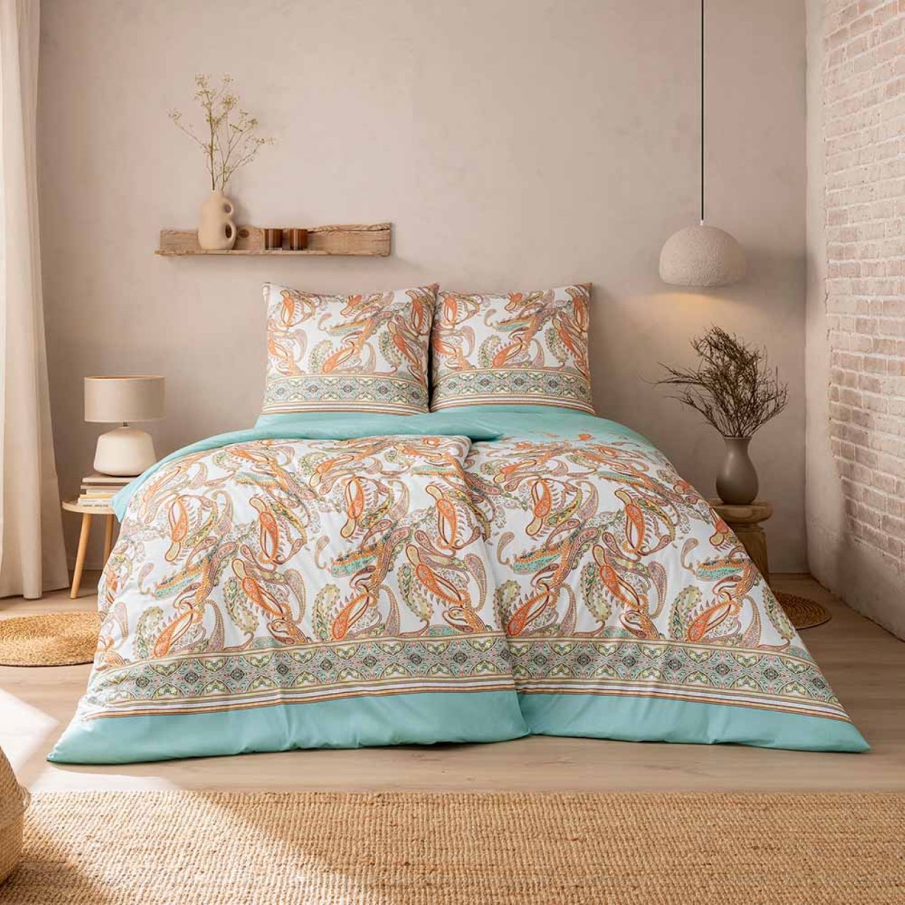 Estella Mako Jersey Bettwäsche 135x200 Siena azur Paisley orange natur 6627-640 Estella Mako Jersey Bettwäsche 135x200 Siena azur Paisley orange natur 6627-640 von Estella Ateliers