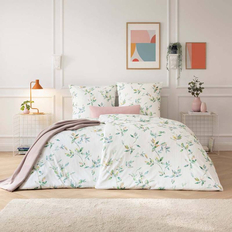 Estella Mako Jersey Bettwäsche 155x220 Thalia grün Blätterranke Streifen 6621-530 Estella Mako Jersey Bettwäsche 155x220 Thalia grün Blätterranke Streifen 6621-530 von Estella Ateliers