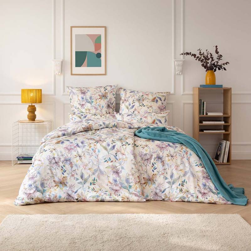 Estella Mako-Satin Bettwäsche 200x220 Estera Blüten Lilien beige rosa 7960-985 von Estella Ateliers