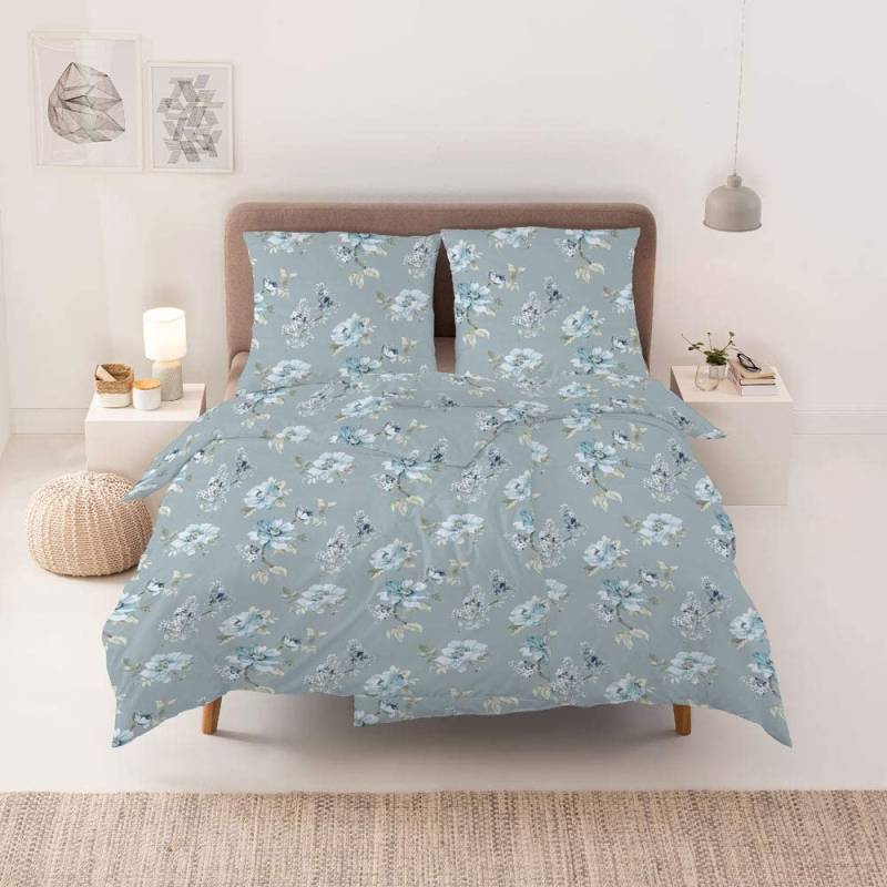 Estella Mako Jersey Bettwäsche 135x200 Blumen Rosen blau 6834-600 von Estella