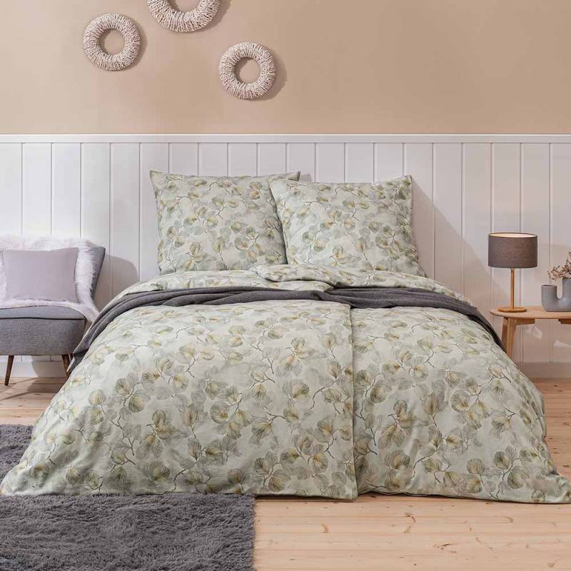 Estella Samt + Seide Flanell Bettwäsche 155x220 Molveno khaki Blätter 5466-16 von Estella Ateliers