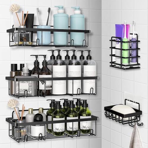 Esteopt Duschablage Ohne Bohren: rostfreie Badezimmer Organizer - Edelstahl Bathroom Organizer Shelf,selbstklebend bis 15kg Duschkorb & Ablage für Badezimmer & Shampoo 5 Stück (Schwarz) von Esteopt