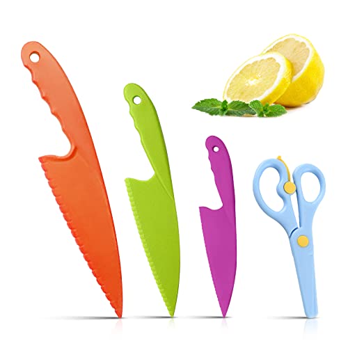 4 Stück Kinder Küchenmesser und Sicherheit Schere, Kindersichere Messer aus Kunststoff Sichere Nylon-Kochmesser Kinder Messer Kochen Küchenmesser für Blattsalat, Salat, Kuchen, Brot, Gemüse, Obst von Esteopt