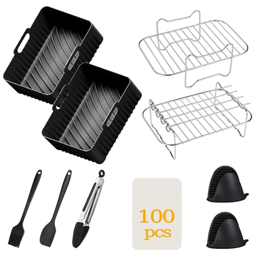 Ninja Heißluftfritteusen-Zubehör 10er Set inklusive Silikon-Unterlage & Dual-Luftfritteusen-Racks & 100 Stück Papierunterlage & Silikonhandschuhe für Ninja Dual AF300EU AF400EU von Esteopt