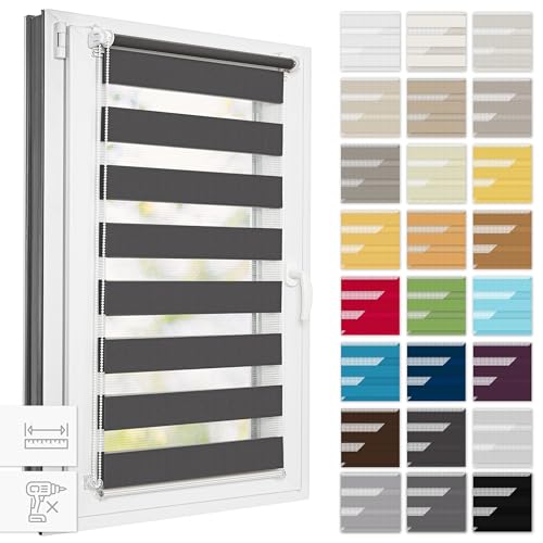 Estika Doppelrollo Klemmfix ohne Bohren, Breite alle 1 cm - 73 cm x 120 cm - Anthrazit - Tag und Nacht Duo Rollo, Rollos für Fenster ohne Bohren, Fenster sichtschutz von Estika