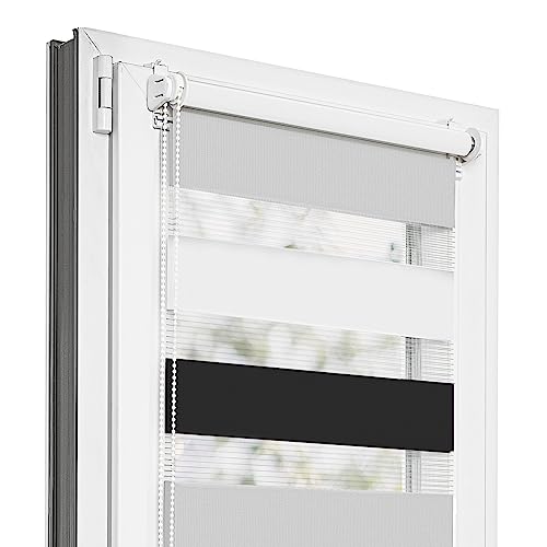 Estika Doppelrollo Klemmfix ohne Bohren - 110 cm x 120 cm - Trio: Schwarz-Weiß-Hellgrau - 29 Stofffarben, Tag und Nacht Duo Rollo, Rollos für Fenster ohne Bohren(110 cm Stoffbreite) von Estika