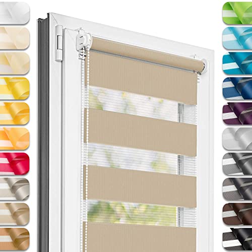 Estika® Doppelrollo Klemmfix ohne Bohren - 115 cm x 120 cm - Sandstrand - 27 Stoff Farben, Tag und Nacht Duo Rollo, Rollos für Fenster ohne Bohren, Fenster sichtschutz (115 cm Stoffbreite) von Estika