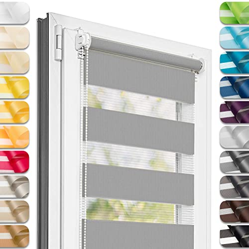 Estika® Doppelrollo Klemmfix ohne Bohren - 135 cm x 220 cm - Grau - 27 Stoff Farben, Tag und Nacht Duo Rollo, Rollos für Fenster ohne Bohren, Fenster sichtschutz (135 cm Stoffbreite) von Estika