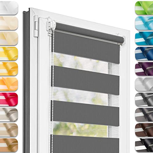 Estika Doppelrollo Klemmfix ohne Bohren - 45 cm x 120 cm - Anthrazit - 27 Stofffarben, Tag und Nacht Duo Rollo, Rollos für Fenster ohne Bohren, Fenster Sichtschutz (45 cm Stoffbreite) von Estika