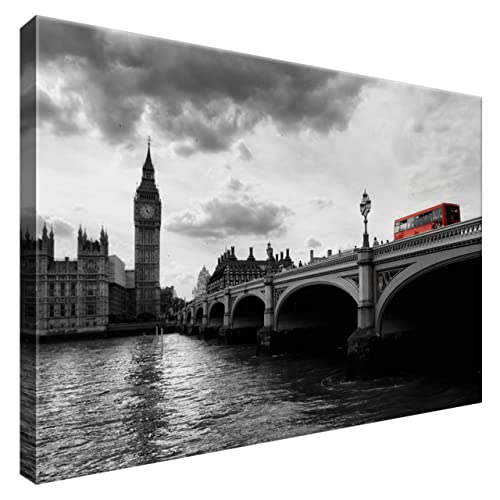 Estika® Leinwand bilder - Big Ben London, Roter Bus - 60x40 cm, 1 teilige kunstdruck - Wandbilder wohnzimmer, schlafzimmer, Moderne wanddeko, Bild auf leinwand - London bilder - 1014A_1E von Estika