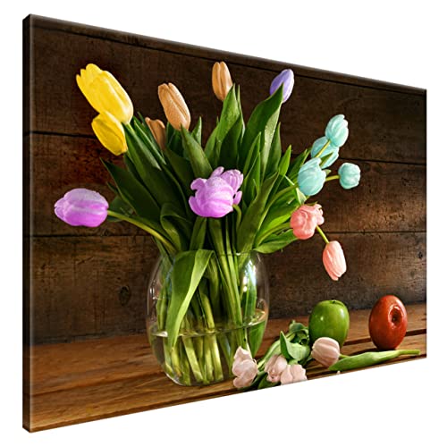 Estika® Leinwand bilder - Bunte Tulpen in Glasvase - 120x80 cm, 1 teilige kunstdruck - Wandbilder wohnzimmer, schlafzimmer, Moderne wanddeko, Bild auf leinwand - Blumen bilder - 2150A_1B von Estika