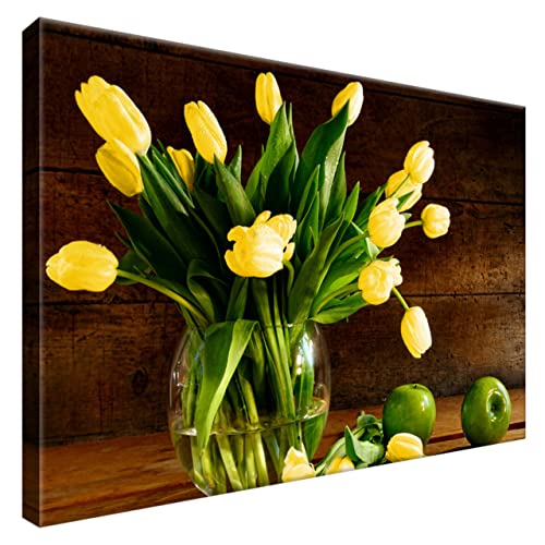 Estika® Leinwand bilder - Gelbe Tulpen in Glasvase - 60x40 cm, 1 teilige kunstdruck - Wandbilder wohnzimmer, schlafzimmer, Moderne wanddeko, Bild auf leinwand - Blumen bilder - 2154A_1E von Estika