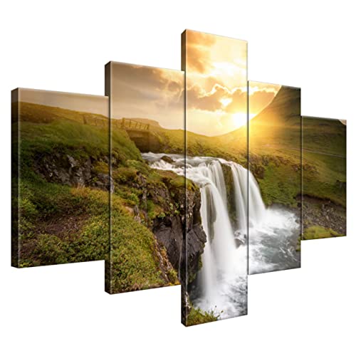Estika® Leinwand bilder - Island, Wasserfall, Sonnenuntergang - 100x70 cm, 5 teilige kunstdruck - Wandbilder wohnzimmer, schlafzimmer, Moderne wanddeko, Bild auf leinwand - Natur bilder - 2050A_5A von Estika
