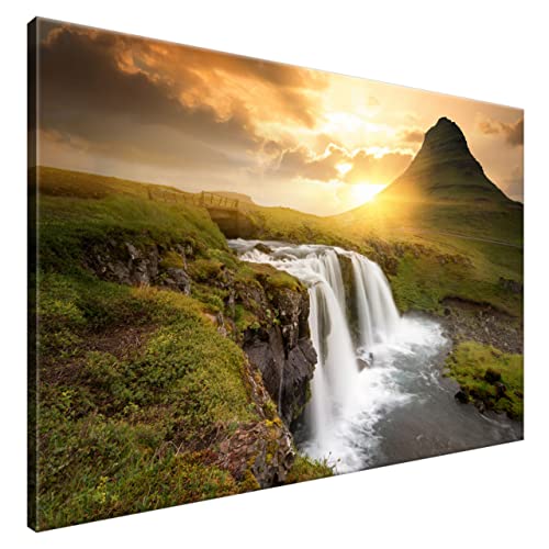 Estika® Leinwand bilder - Island, Wasserfall, Sonnenuntergang - 120x80 cm, 1 teilige kunstdruck - Wandbilder wohnzimmer, schlafzimmer, Moderne wanddeko, Bild auf leinwand - Natur bilder - 2050A_1B von Estika