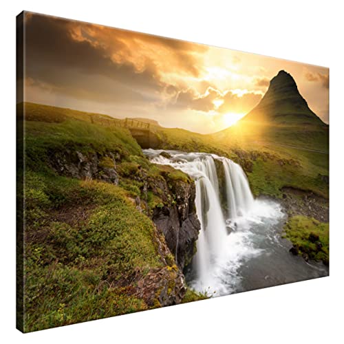 Estika® Leinwand bilder - Island, Wasserfall, Sonnenuntergang - 90x60 cm, 1 teilige kunstdruck - Wandbilder wohnzimmer, schlafzimmer, Moderne wanddeko, Bild auf leinwand - Natur bilder - 2050A_1L von Estika