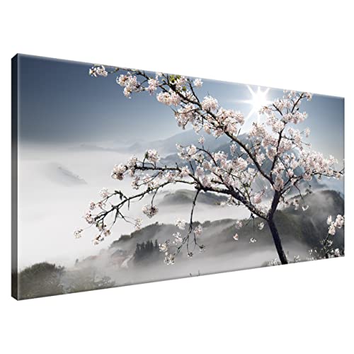 Estika® Leinwand bilder - Japan, Kirschblüte, Berge - 115x55 cm, 1 teilige kunstdruck - Wandbilder wohnzimmer, schlafzimmer, Moderne wanddeko, Bild auf leinwand - Natur bilder - 1207A_1AE von Estika