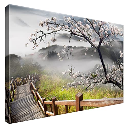 Estika® Leinwand bilder - Japan, Kirschblüte, Berge - 60x40 cm, 1 teilige kunstdruck - Wandbilder wohnzimmer, schlafzimmer, Moderne wanddeko, Bild auf leinwand - Natur bilder - 1207A_1E von Estika