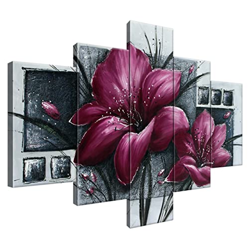 Estika® Leinwand bilder - Lila Mohnblumen - 100x70 cm, 5 teilige kunstdruck - Wandbilder wohnzimmer, schlafzimmer, Moderne wanddeko, Bild auf leinwand - Blume bilder - 2355A_5A von Estika