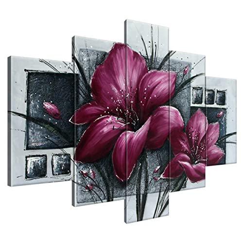 Estika® Leinwand bilder - Lila Mohnblumen - 150x105 cm, 5 teilige kunstdruck - Wandbilder wohnzimmer, schlafzimmer, Moderne wanddeko, Bild auf leinwand - Blume bilder - 2355A_5H von Estika